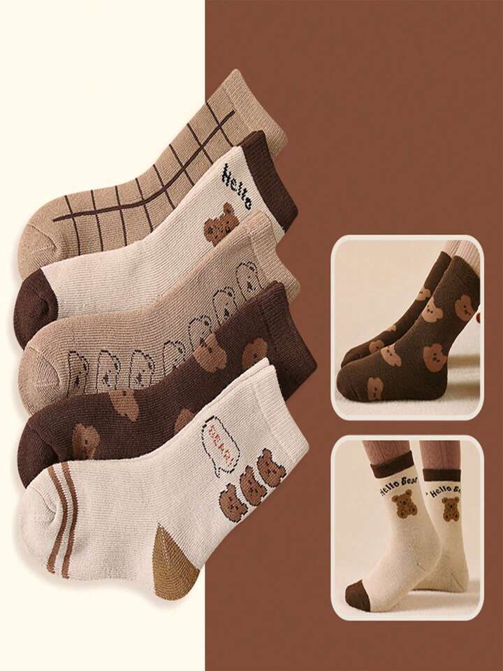 Shein 5pairs/Pack Random Color Thickened Warm Children's Socks with Grid Pattern, Teddy Bear & Fleece Lined