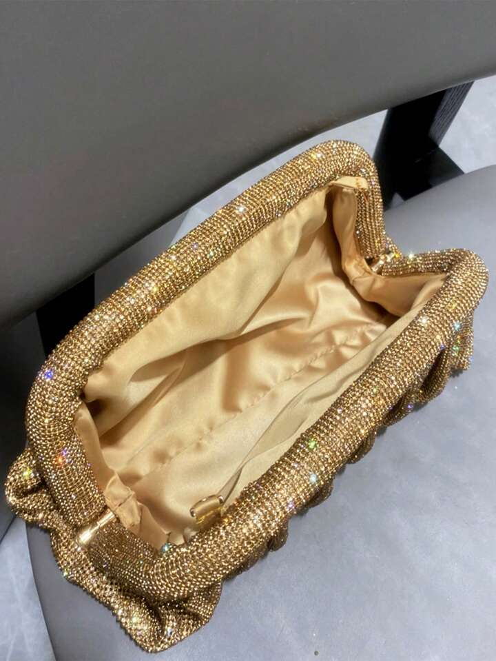 Shiny Handle Rhinestones Handmade Evening Clutch Bag(Golden)