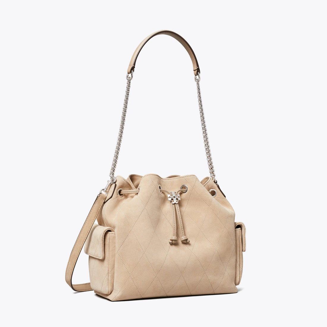 TORY BURCH  CHARLIE QUILTED SUEDE DRAWSTRING SHOULDER BAG(small)