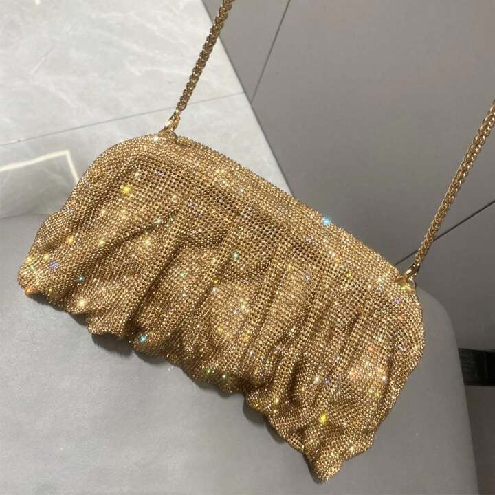 Shiny Handle Rhinestones Handmade Evening Clutch Bag(Golden)