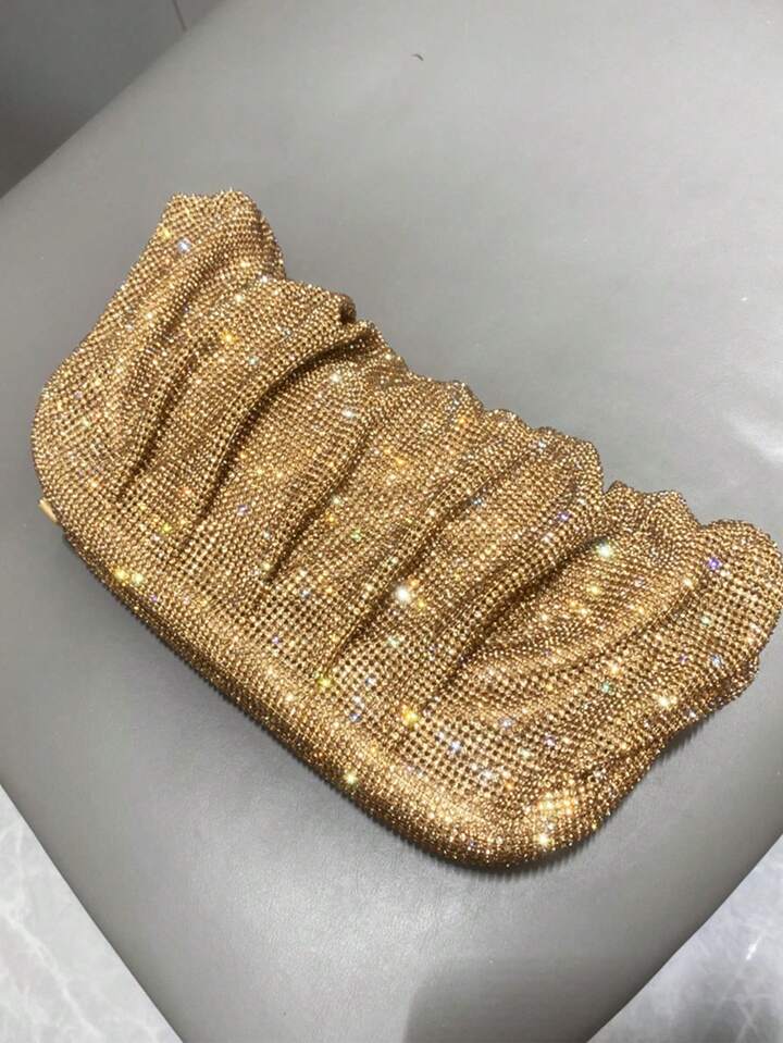 Shiny Handle Rhinestones Handmade Evening Clutch Bag(Golden)