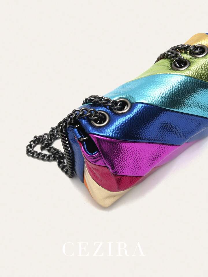 CEZIRA Fashion Mini Square Metallic Colorful Stripes Cross Body Shoulder Handbag