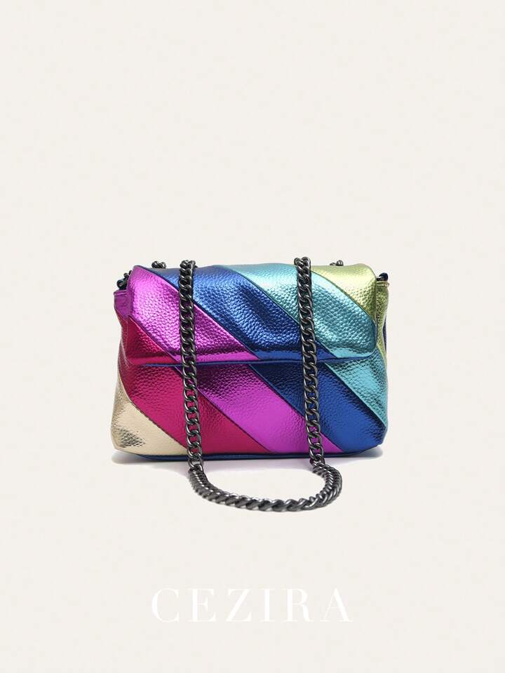 CEZIRA Fashion Mini Square Metallic Colorful Stripes Cross Body Shoulder Handbag