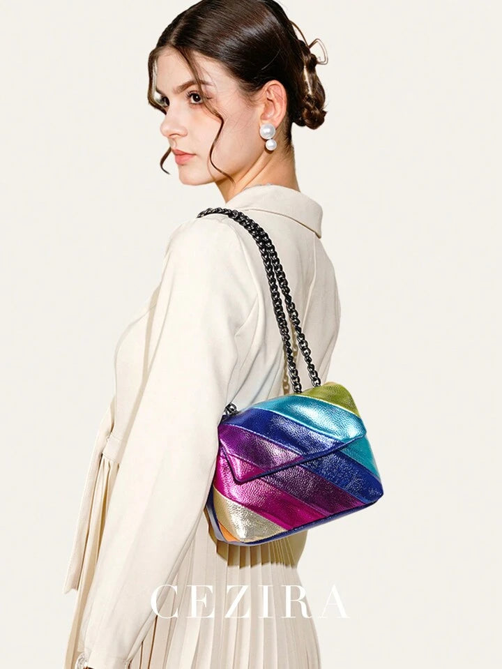 CEZIRA Fashion Mini Square Metallic Colorful Stripes Cross Body Shoulder Handbag