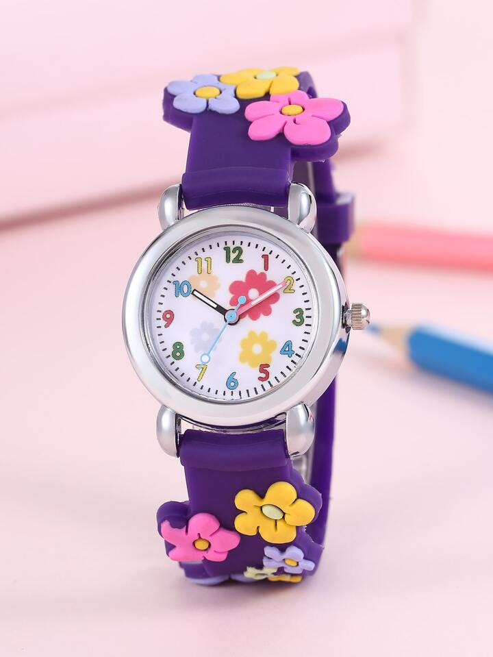 Shein 1pc Kids Flower Detail Silicone Strap Round Dial Quartz Watch & 2pcs Jewelry Set For Party