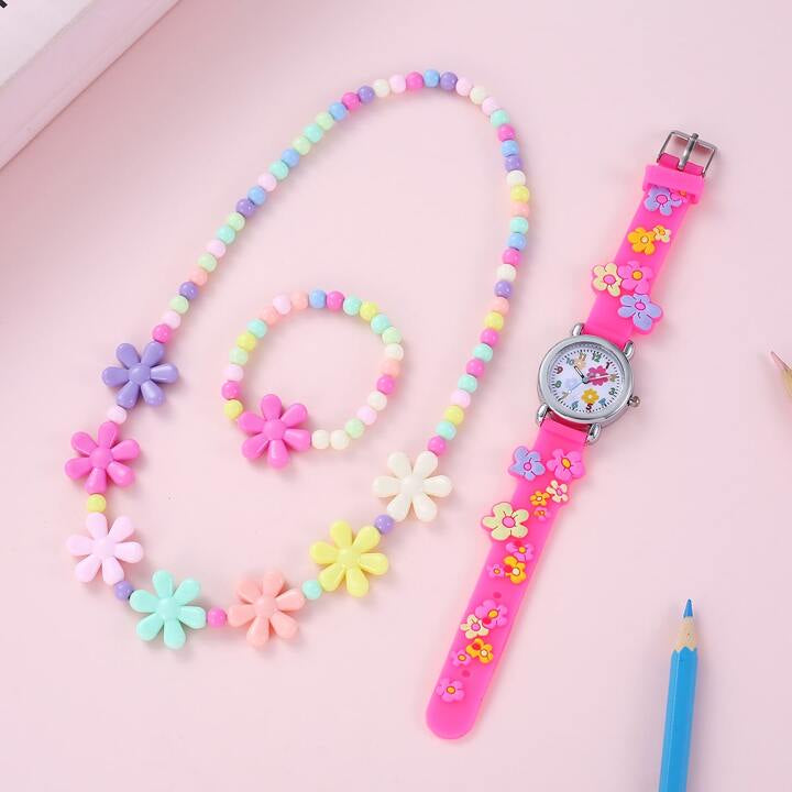 Shein 1pc Kids Flower Detail Silicone Strap Round Dial Quartz Watch & 2pcs Jewelry Set For Party