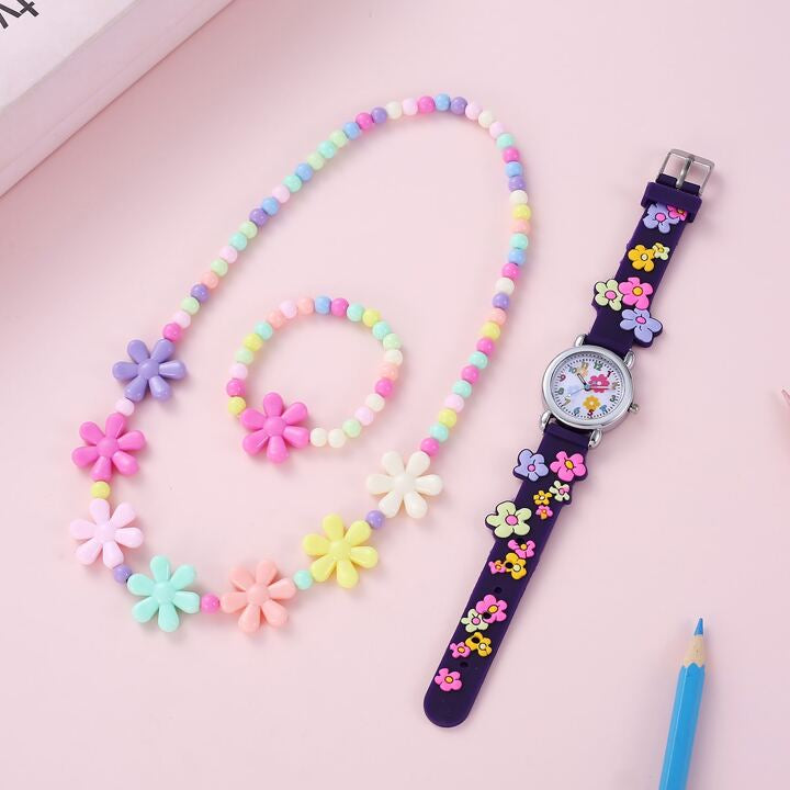 Shein 1pc Kids Flower Detail Silicone Strap Round Dial Quartz Watch & 2pcs Jewelry Set For Party