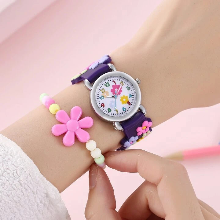 Shein 1pc Kids Flower Detail Silicone Strap Round Dial Quartz Watch & 2pcs Jewelry Set For Party