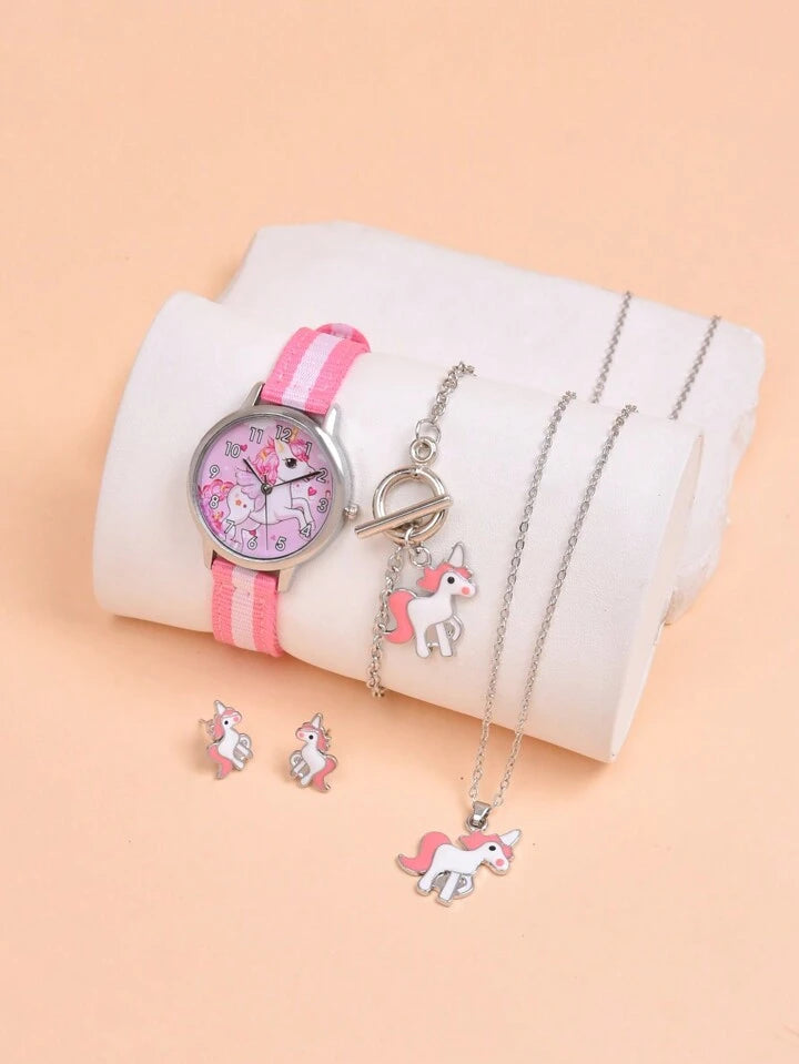 Shein 1pc Girls Unicorn Pattern Purple & White Canvas Strap Cute Round Dial Quartz Watch & 4pcs Jewelry Set For Daily Life