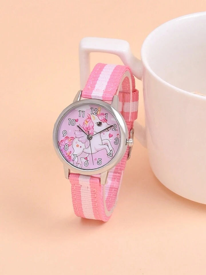 Shein 1pc Girls Unicorn Pattern Purple & White Canvas Strap Cute Round Dial Quartz Watch & 4pcs Jewelry Set For Daily Life