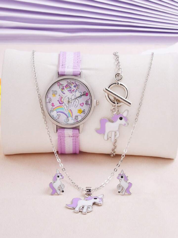 Shein 1pc Girls Unicorn Pattern Purple & White Canvas Strap Cute Round Dial Quartz Watch & 4pcs Jewelry Set For Daily Life