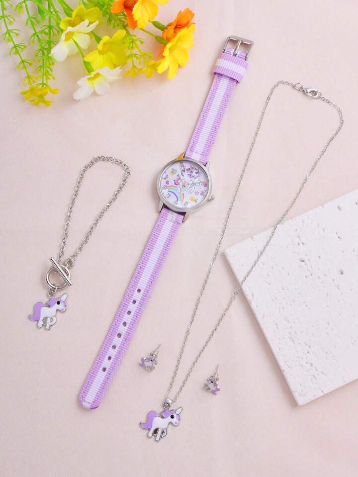 Shein 1pc Girls Unicorn Pattern Purple & White Canvas Strap Cute Round Dial Quartz Watch & 4pcs Jewelry Set For Daily Life