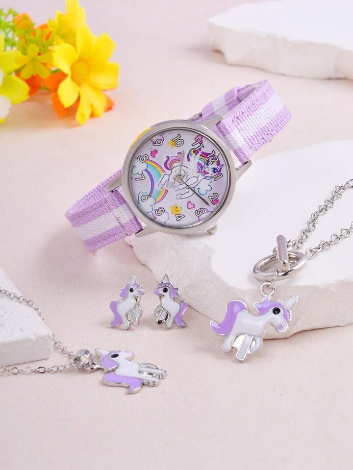 Shein 1pc Girls Unicorn Pattern Purple & White Canvas Strap Cute Round Dial Quartz Watch & 4pcs Jewelry Set For Daily Life