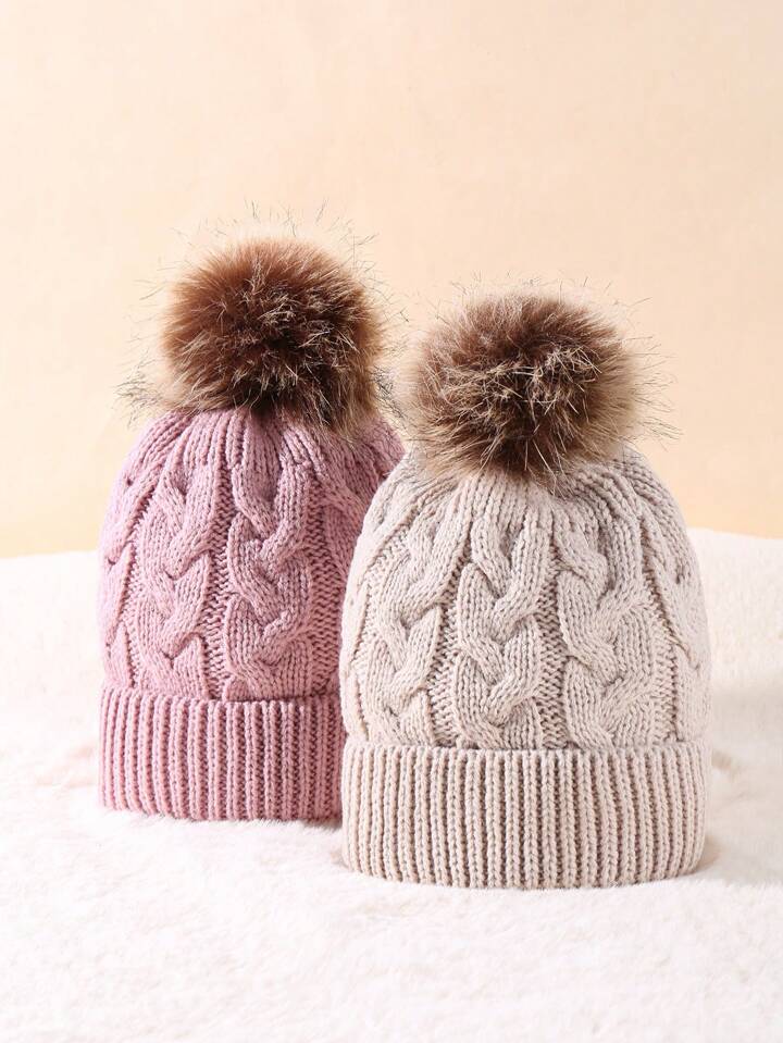 Shein 2 pcs Children's Knitted Beanie with Pom Pom