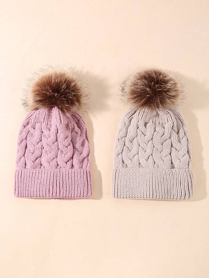 Shein 2 pcs Children's Knitted Beanie with Pom Pom