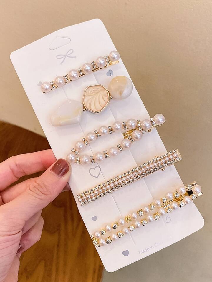 5pcs Women/girls Faux Pearl & Rhinestone Decor Luxury Hair Clip