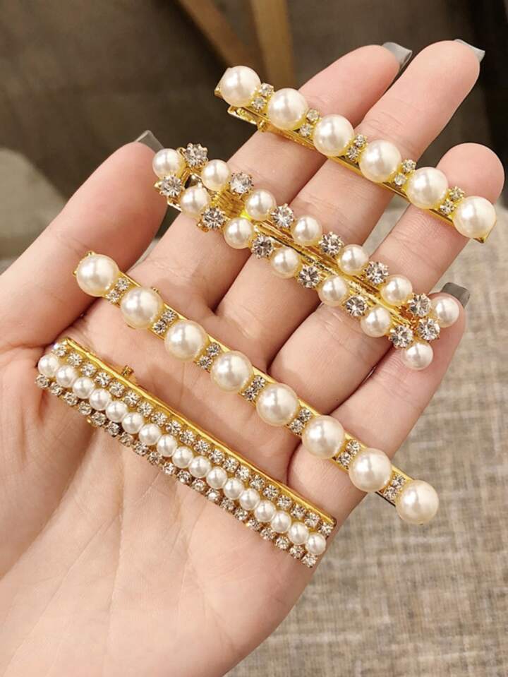 5pcs Women/girls Faux Pearl & Rhinestone Decor Luxury Hair Clip
